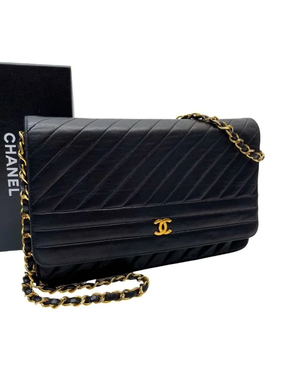 Chanel Lambskin Diagonal Stitch Chain Shoulder Bag CC Logo